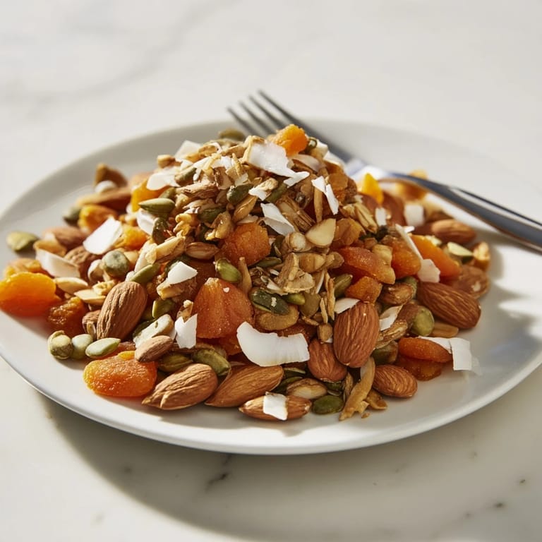 Close-up of golden dried apricots and crunchy almonds combined with this simple Fruit & Nut recipe.