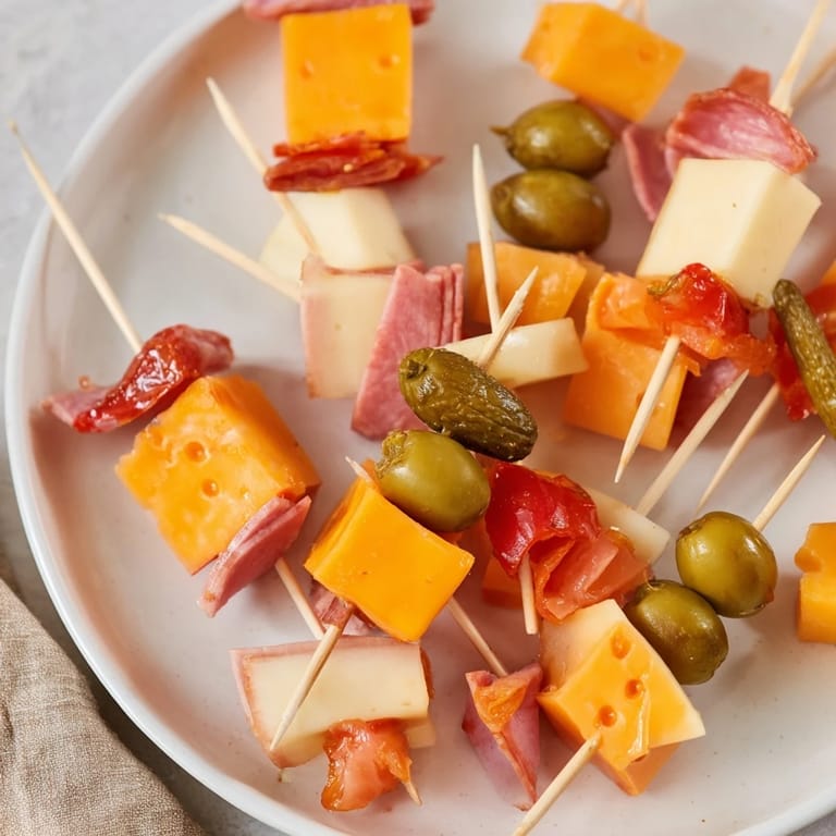 Freshly assembled Savory Skewers with vibrant tomatoes, cheese, and meats look perfect for serving.