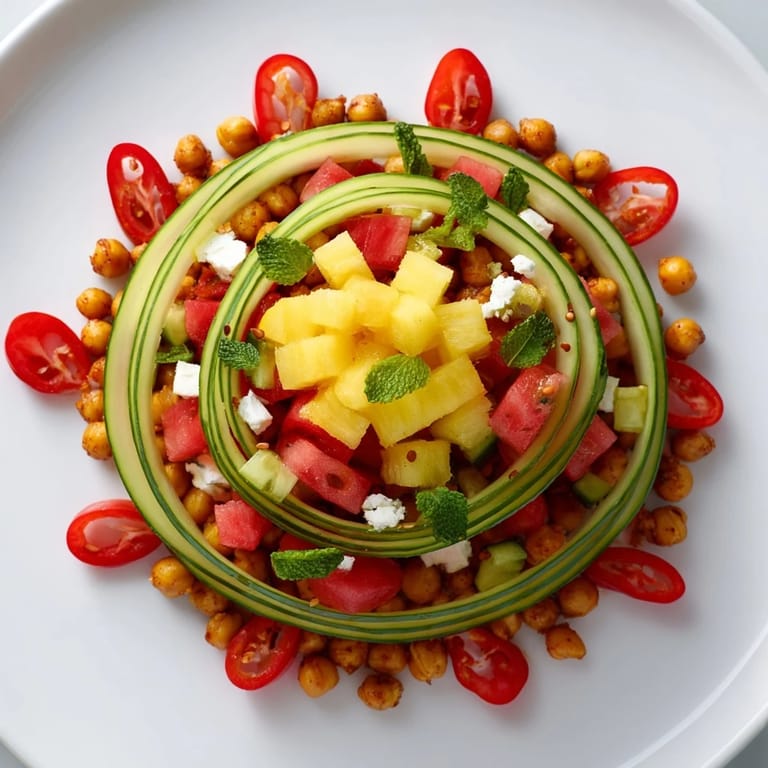 This spectacular concentric rings appetizer showcases colorful sweet, savory, and spicy ingredients perfect for serving.