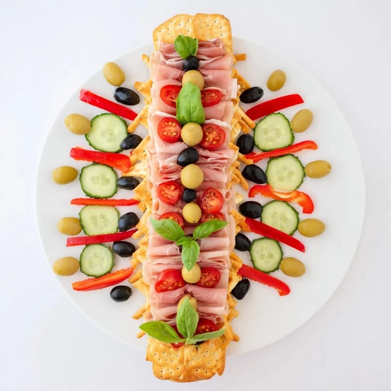 Appetizing Fractal Tree Branching Bread Platter with prosciutto, cheeses, and fresh vegetable branches to grab.