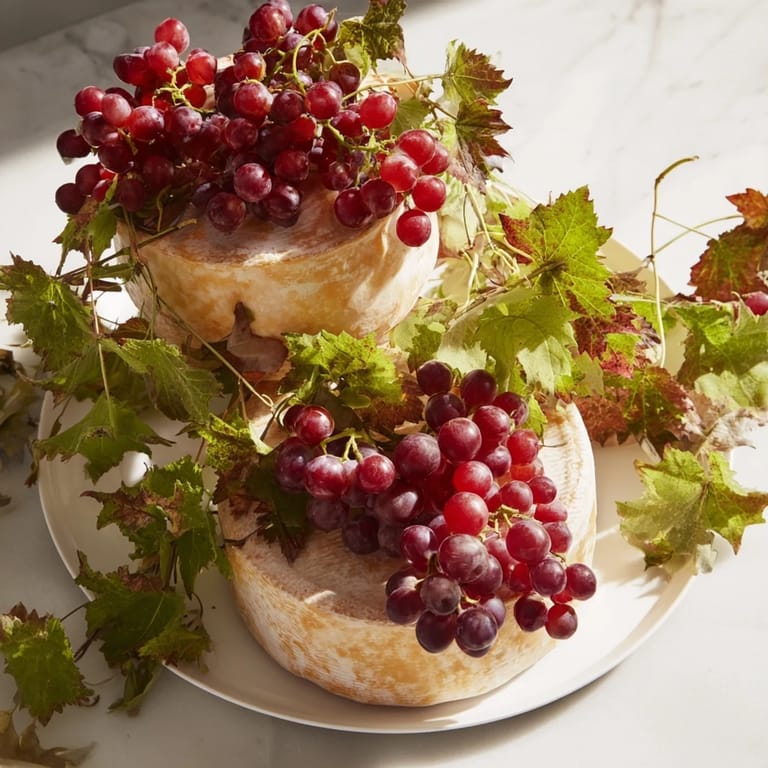This Rustic Vineyard cheese arrangement shows wheels of cheese adorned with fresh grapevines and grapes.