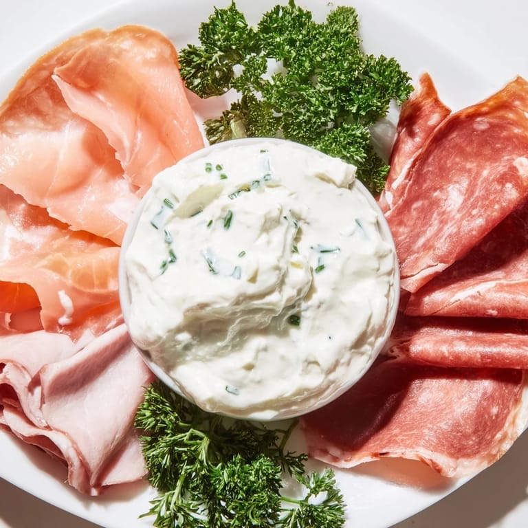 A visually stunning Compass Rose appetizer, featuring cured meats radiating from a central dip.