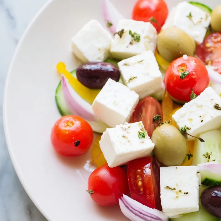 This vibrant Sun-Drenched Patio recipe presents an array of Mediterranean delights on a wooden platter.