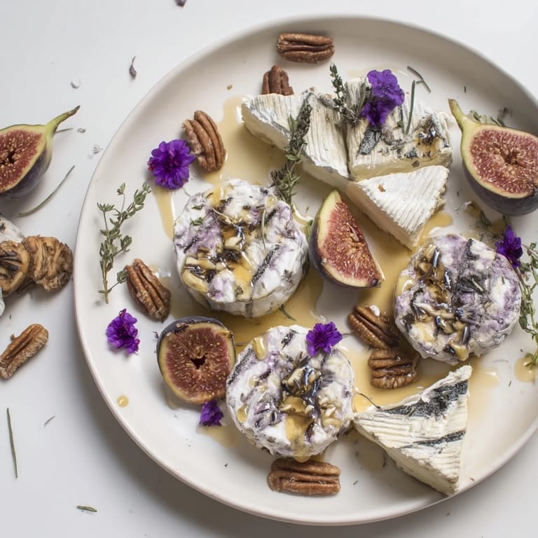 Beautifully arranged The Lavender Haze cheese platter with grapes, figs, and edible flowers for guests to enjoy.