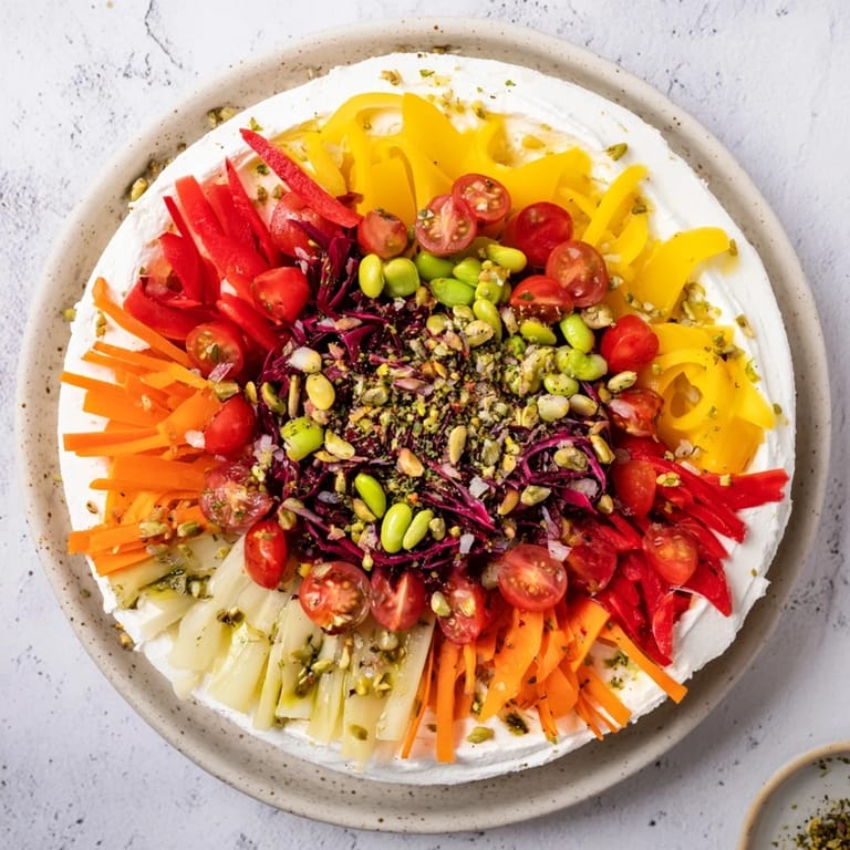 A beautiful, artful arrangement of The Prism Burst salad, showcasing the rainbow of ingredients.