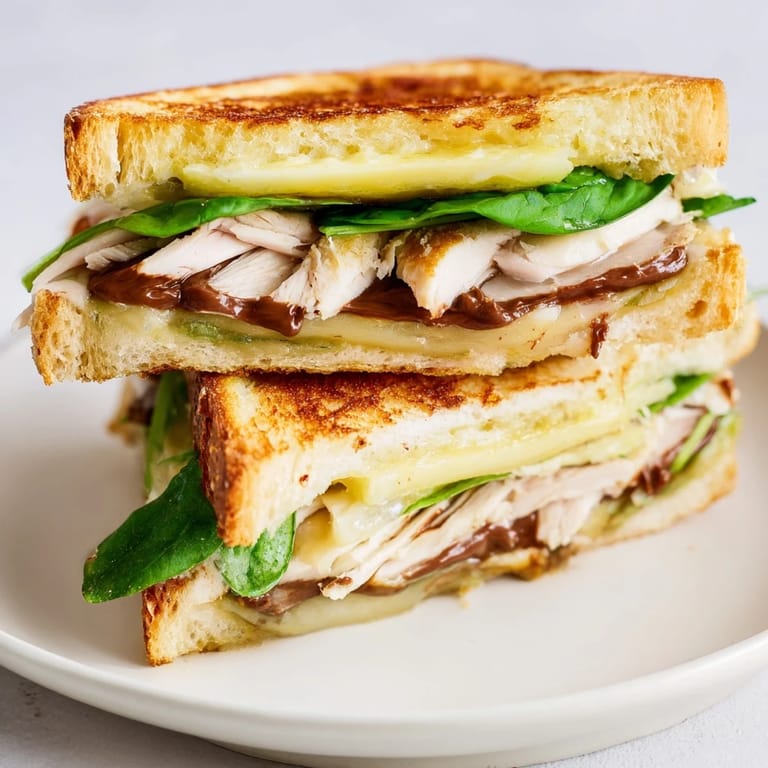 Delectable close-up of a Nutella grilled cheese with chicken, showing the bubbling brie and tender chicken.