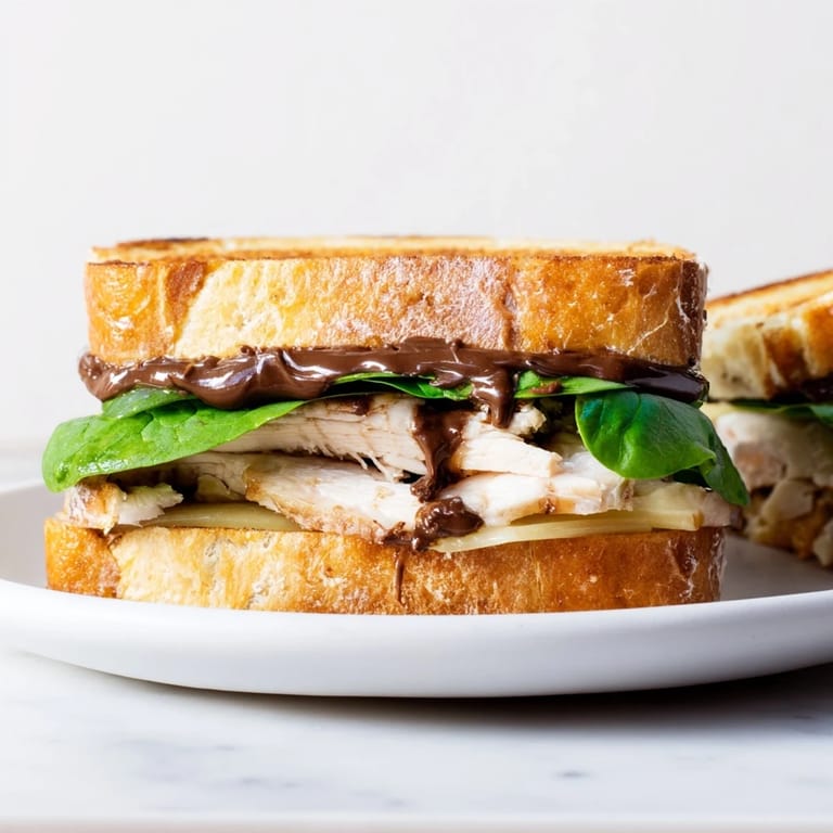 Buttery, toasted slices hold the Nutella grilled cheese with chicken, oozing with melted brie and savory chicken.