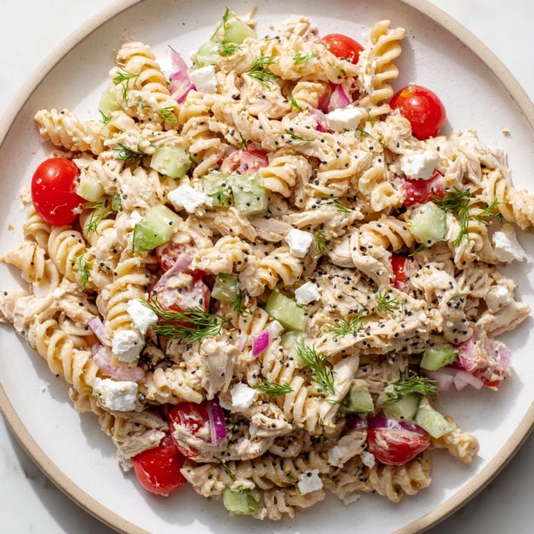 A close-up of Everything Bagel Chicken Pasta Salad, perfect for a picnic, with crunchy vegetables and creamy sauce.
