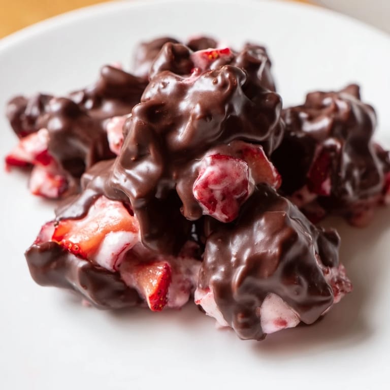 Delectable bite-sized Strawberry Yogurt Clusters, featuring fresh strawberries enrobed in melted chocolate.