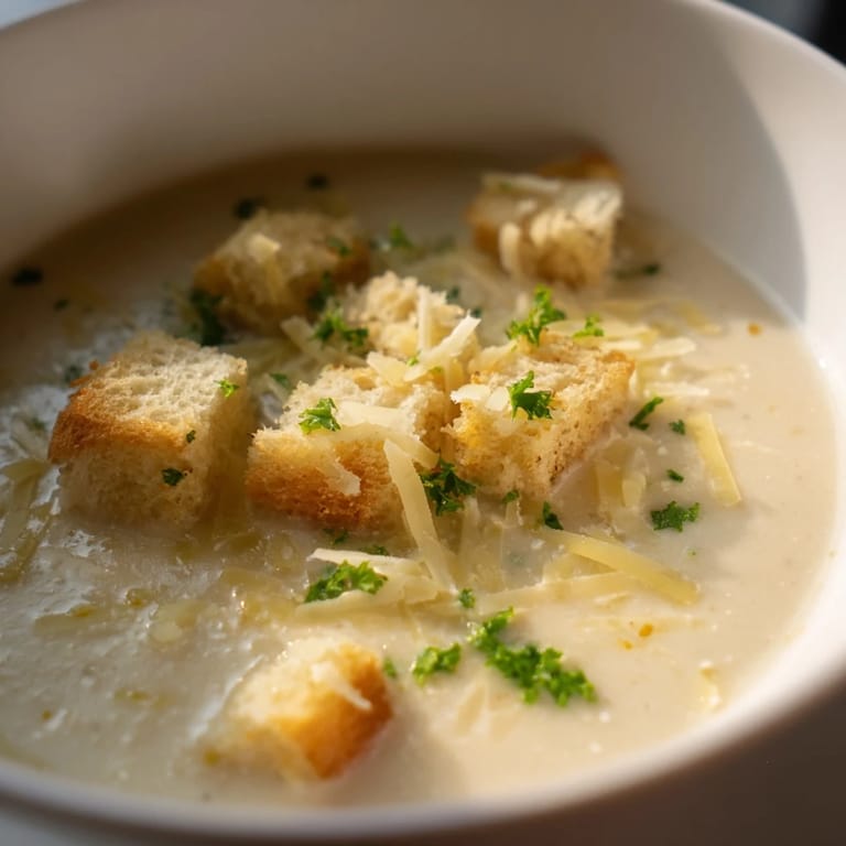 Velvety smooth Creamy Garlic Bread Soup, a comfort food classic, ready for a cozy dinner.