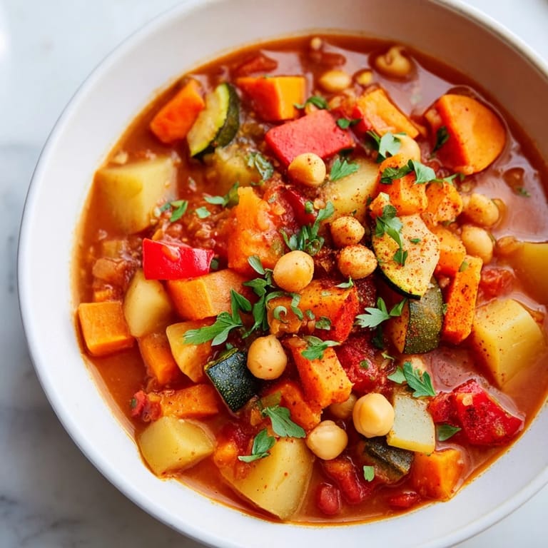 This warm, flavorful Hearty Vegan Sweet Potato Stew showcases a medley of vegetables, perfect for a cozy dinner.