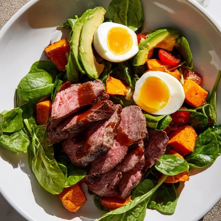 A delicious, colorful High-Protein Beef Avocado Bowl: imagine juicy beef with a perfectly cooked egg.