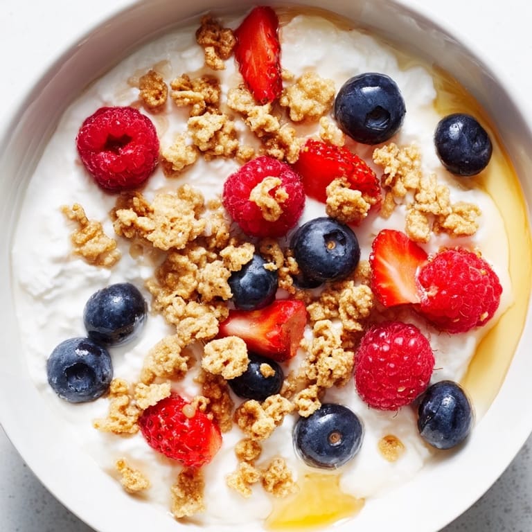 Imagine this: a vibrant Cottage Cheese Hot Honey Bowl with a drizzle of fiery honey over the cottage cheese and berries.