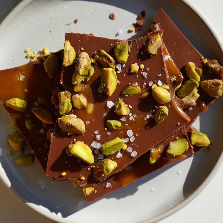 Deliciously rich Pistachio Salted Caramel Bark, studded with pistachios and sea salt flakes.