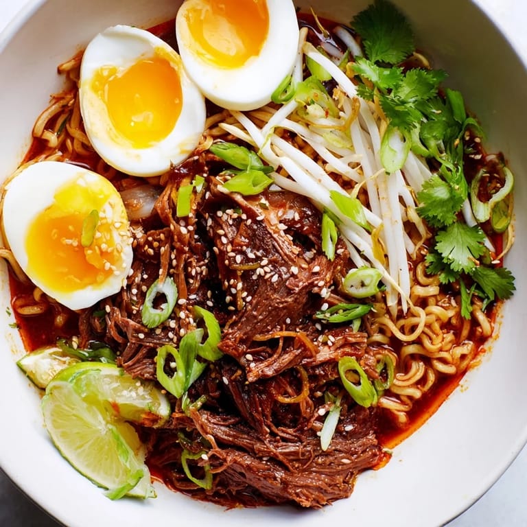 This vibrant photo displays delicious Chaos Cooking Birria Ramen; it's a flavorful, comforting meal.