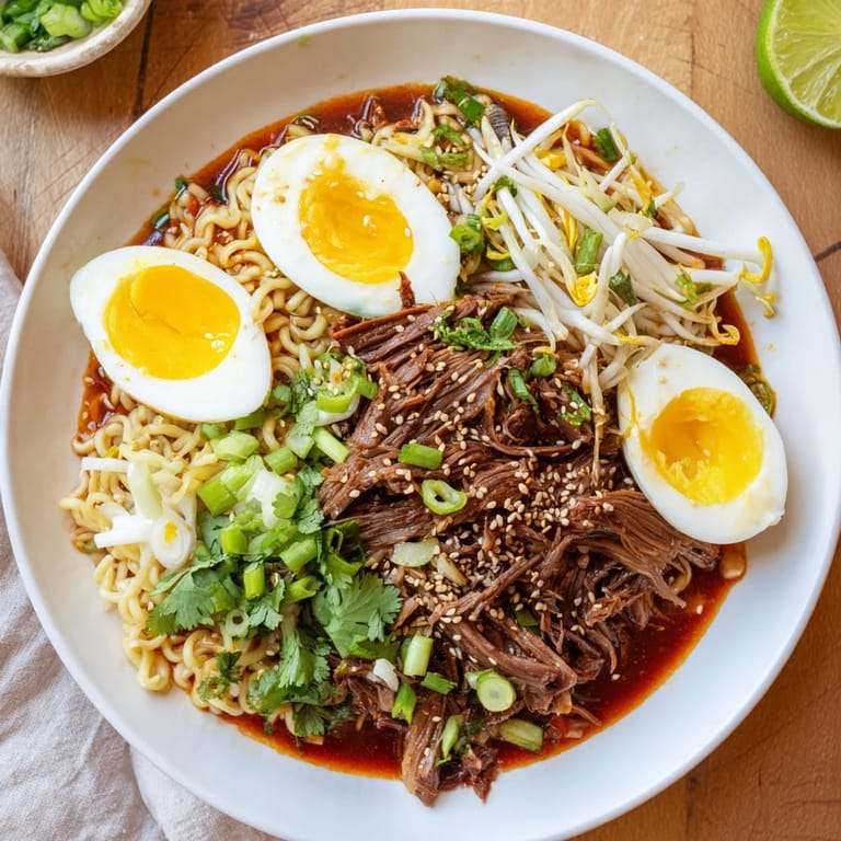 Rich, savory broth surrounds tender birria beef within this beautiful bowl of ramen pleasure.