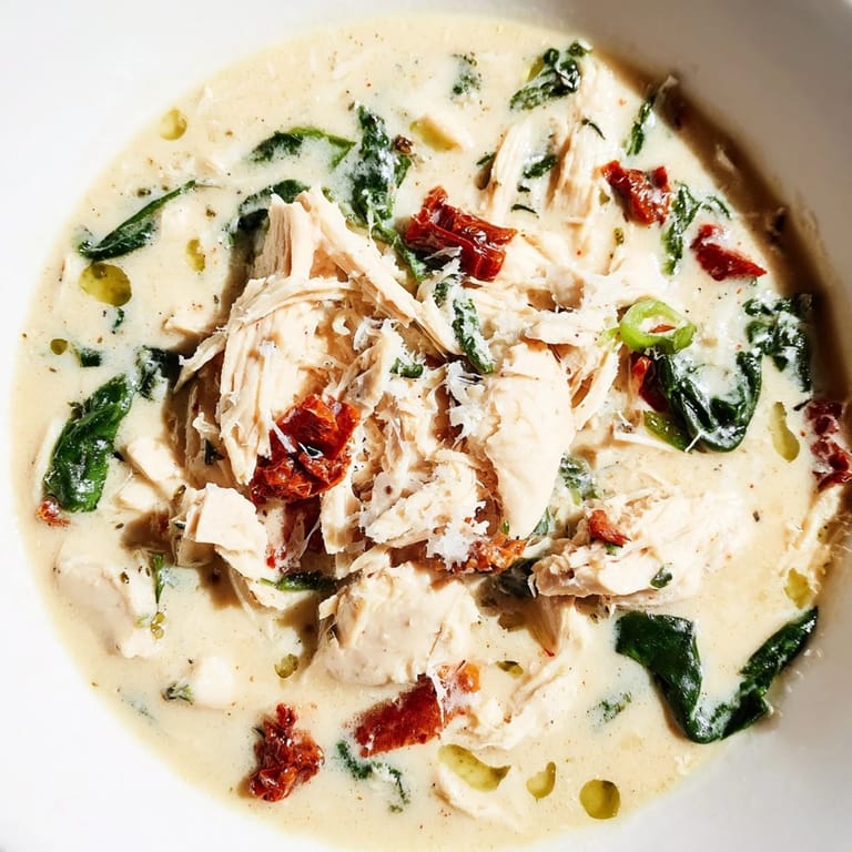 Hearty Creamy Tuscan Chicken Soup served hot, topped with Parmesan and a swirl of golden olive oil.