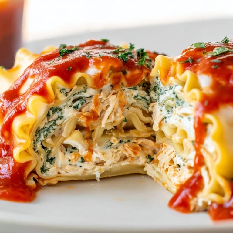 Close-up view of a golden, bubbly Chicken and Spinach Lasagna Roll slice revealing layers of hearty filling and melted cheese.