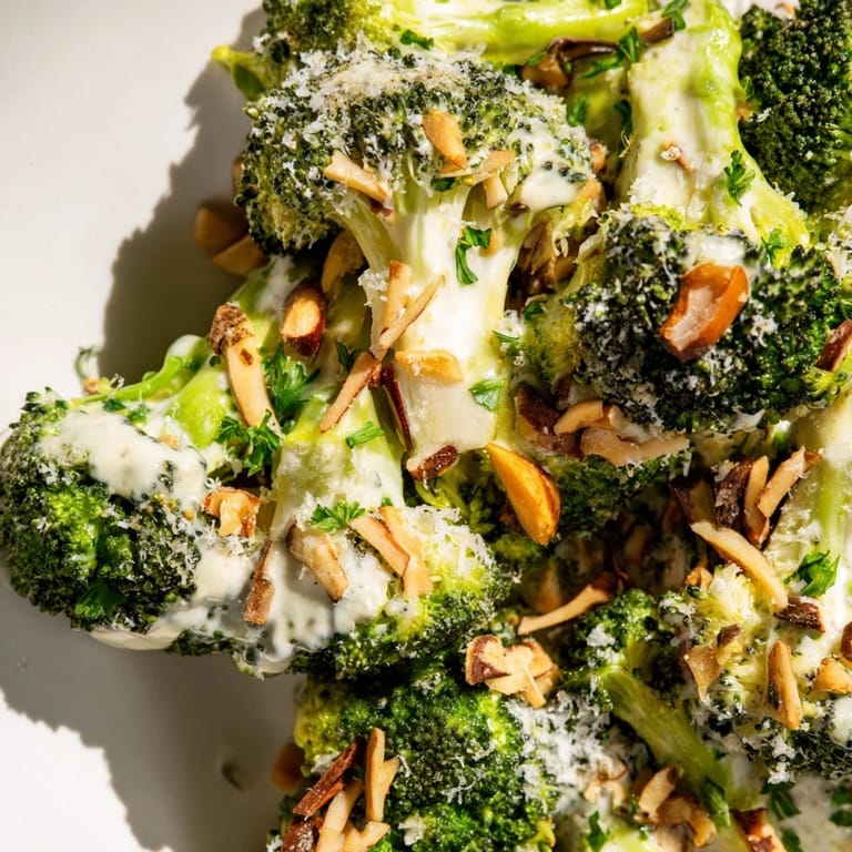 Blanched broccoli florets in a rich Garlic Parmesan Broccoli Salad, perfect as a fresh side dish.
