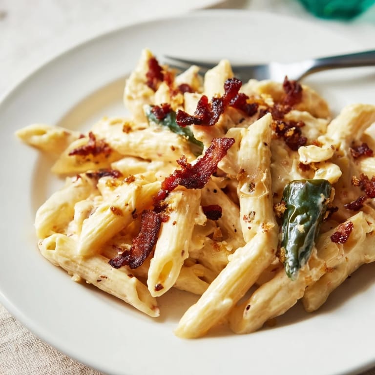 A skillet of steaming Jalapeño Popper Pasta features roasted peppers, melted Monterey Jack, and crumbled bacon, ready to be served as a hearty weeknight dinner.