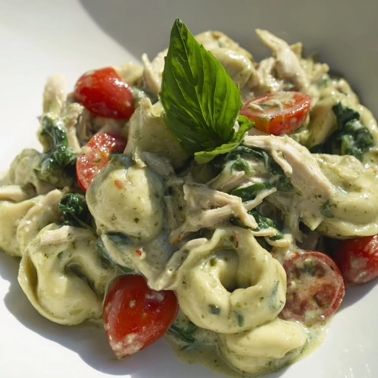Steaming bowl of creamy pesto tortellini skillet served alongside crusty bread and a glass of white wine for a cozy family dinner.  