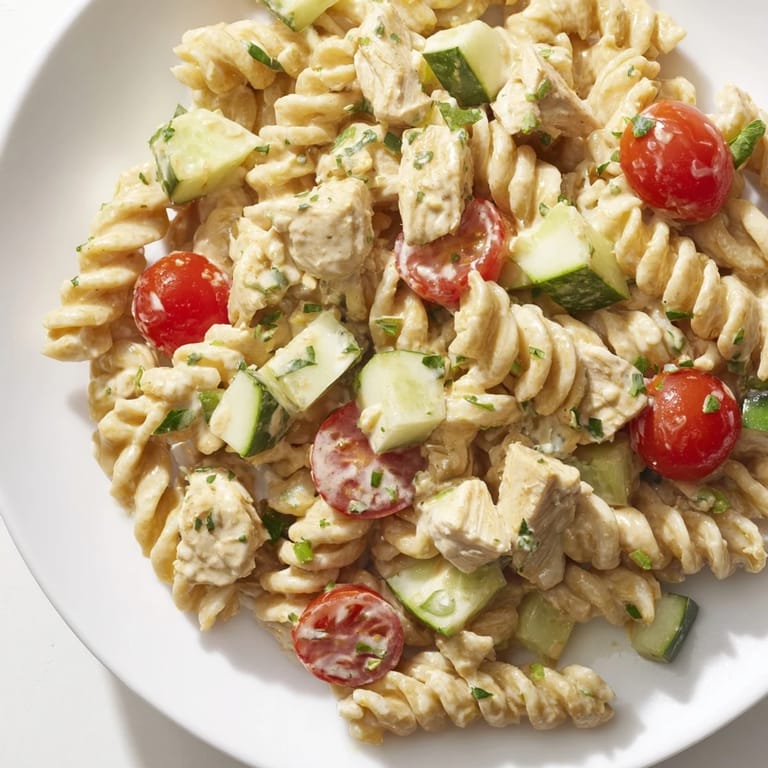Serving Honey Mustard Chicken Pasta Salad, a fork lifts a bite with cucumber and bell pepper over mixed greens.