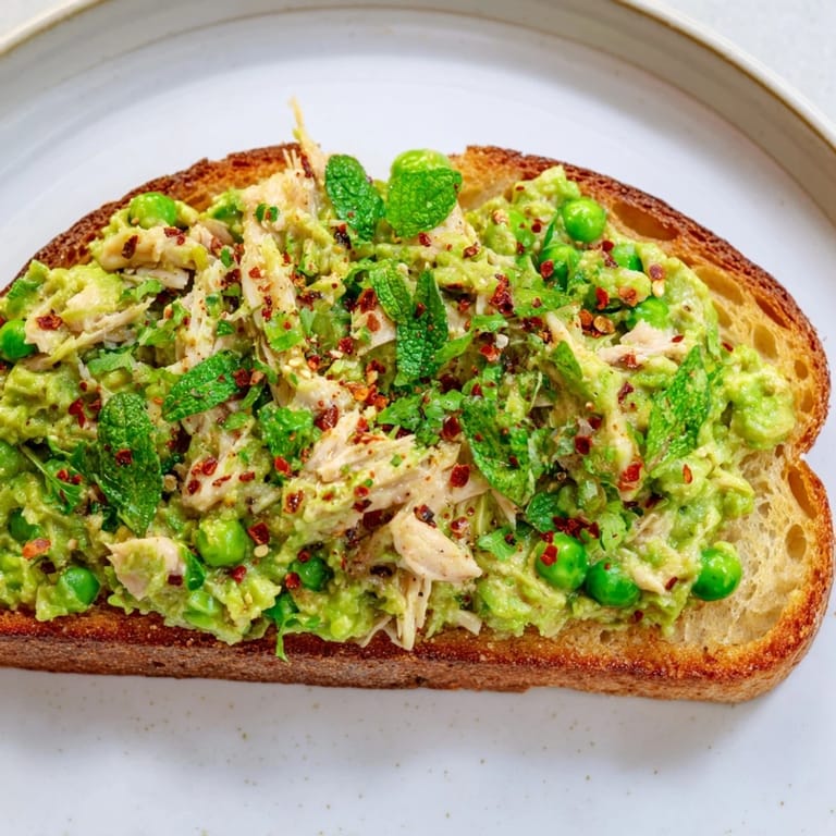 Vibrant green pea mixture with tender chicken is spooned over toasted sourdough, topped with chili flakes.