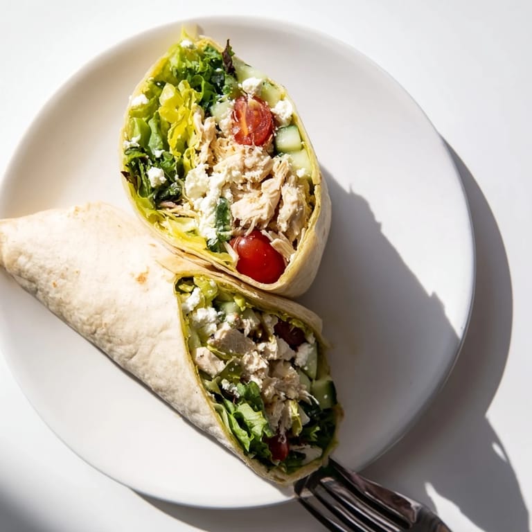 A sliced Greek Lemon Chicken Salad Wrap reveals layers of crunchy lettuce, cherry tomatoes, and tangy feta inside.
