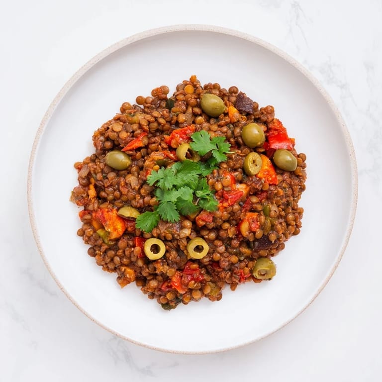 Savory-sweet Cuban-Inspired Lentil Picadillo in a rustic bowl, garnished with green olives and raisins, ready to enjoy.