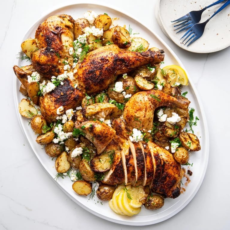 Roasted Chicken with Pot Potatoes, Lemon Herbs, and Feta served hot, garnished with fresh dill and lemon wedges.