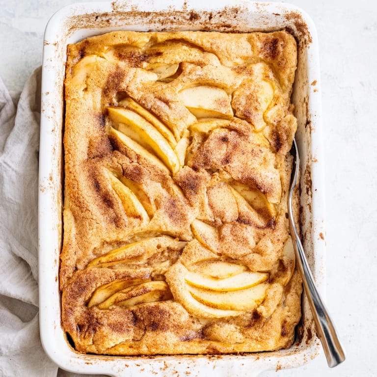 Savory baked apple cake casserole in a ceramic dish, ready for a cozy breakfast or brunch with a side of yogurt.