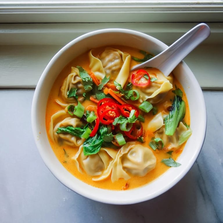 Spoon lifting a wonton from fragrant Thai-inspired red curry coconut broth with greens.