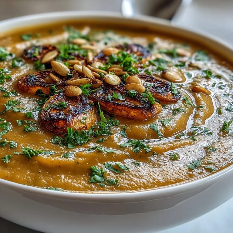 Spoon lifting a serving of Roasted Broccoli and Butternut Squash Soup from a warm bowl, highlighting its velvety texture.