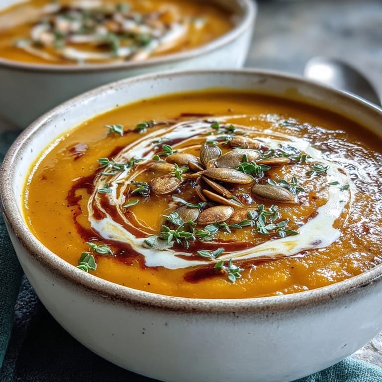 Overhead view of Easy Roasted Butternut Squash Soup with thyme sprigs and a golden roasted squash garnish.