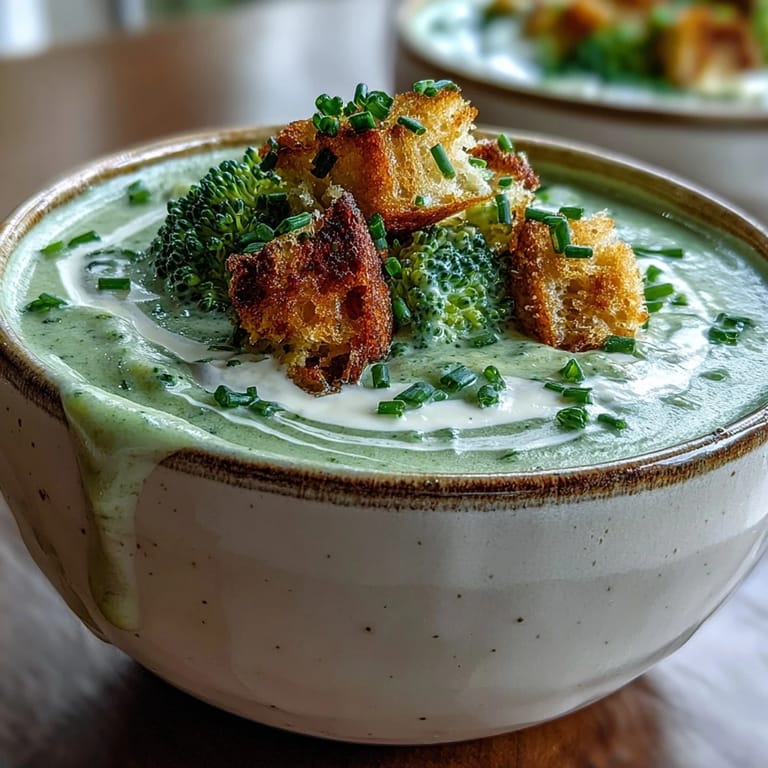 Steaming pot of freshly blended Cream of Broccoli Soup ready to be served hot.