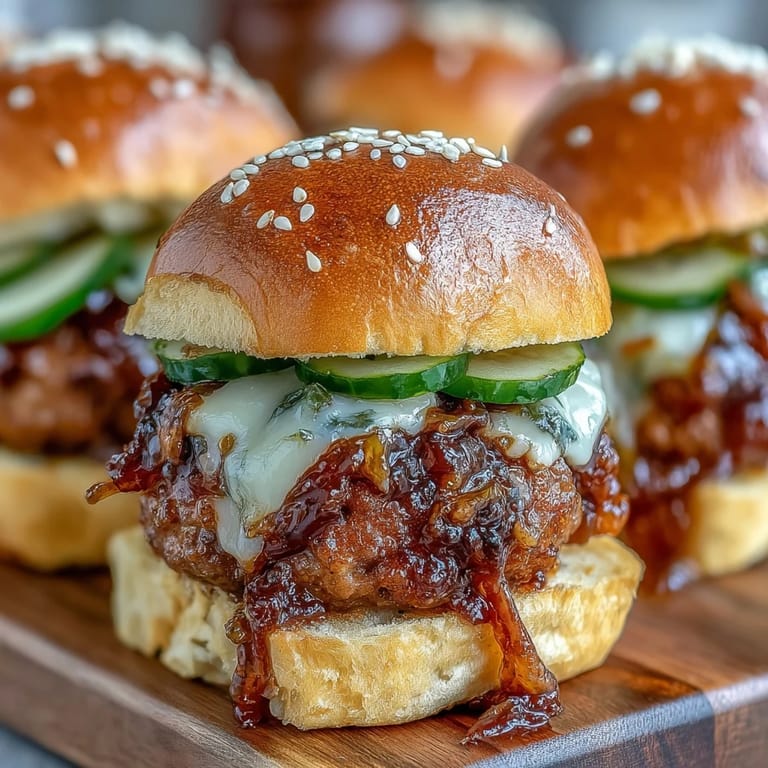 A close-up of a platter of brat sliders topped with tangy pickles and sesame seed buns, ready to serve at a party.  