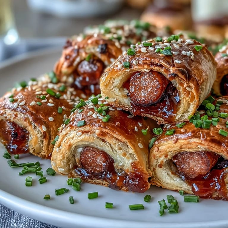 Buttery Pepper Jelly Hogs in a Blanket arranged on a platter with a bowl of spicy dipping sauce.