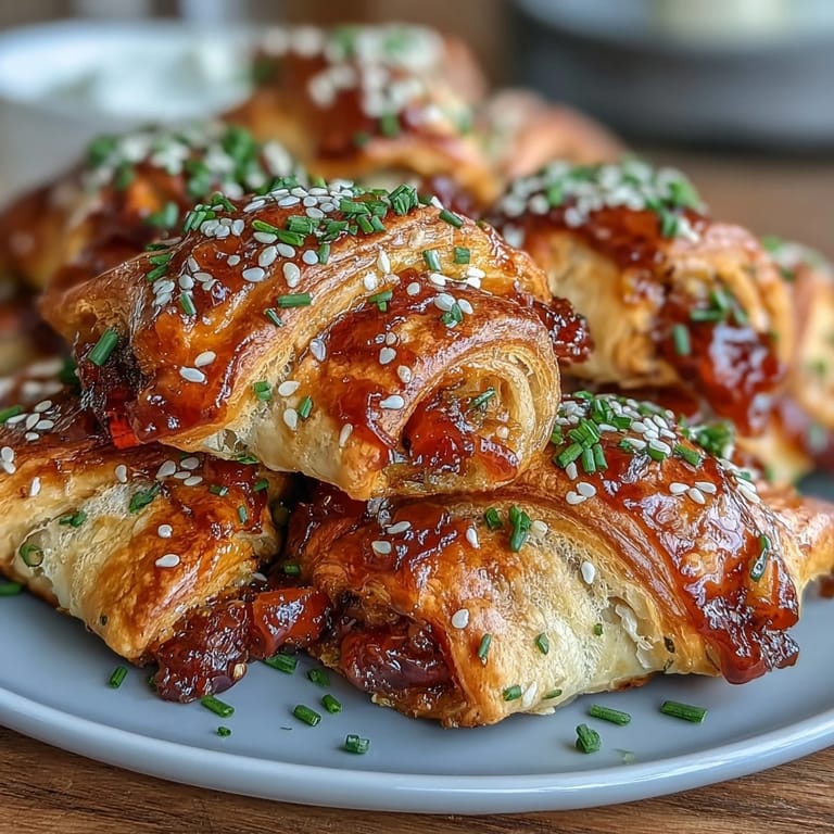 Freshly baked Pepper Jelly Hogs in a Blanket with a shiny egg wash and sesame seeds.