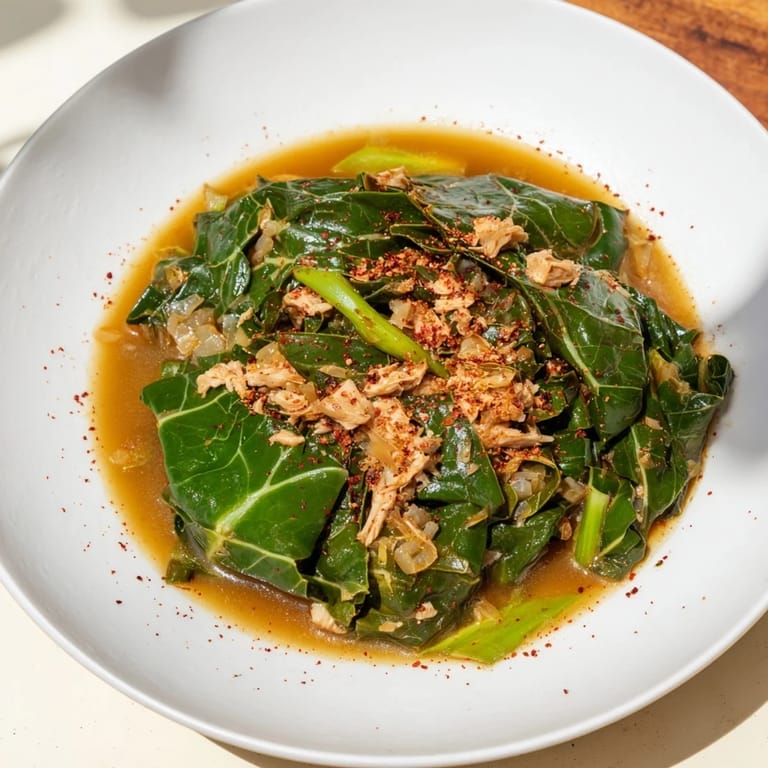 Hearty Southern Style Collard Greens, a warm bowl filled with flavorful greens and tender, shredded turkey.