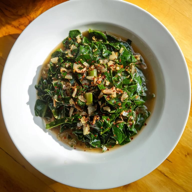 A close-up shot of tender Southern Style Collard Greens, showcasing the smoky turkey within its savory embrace.