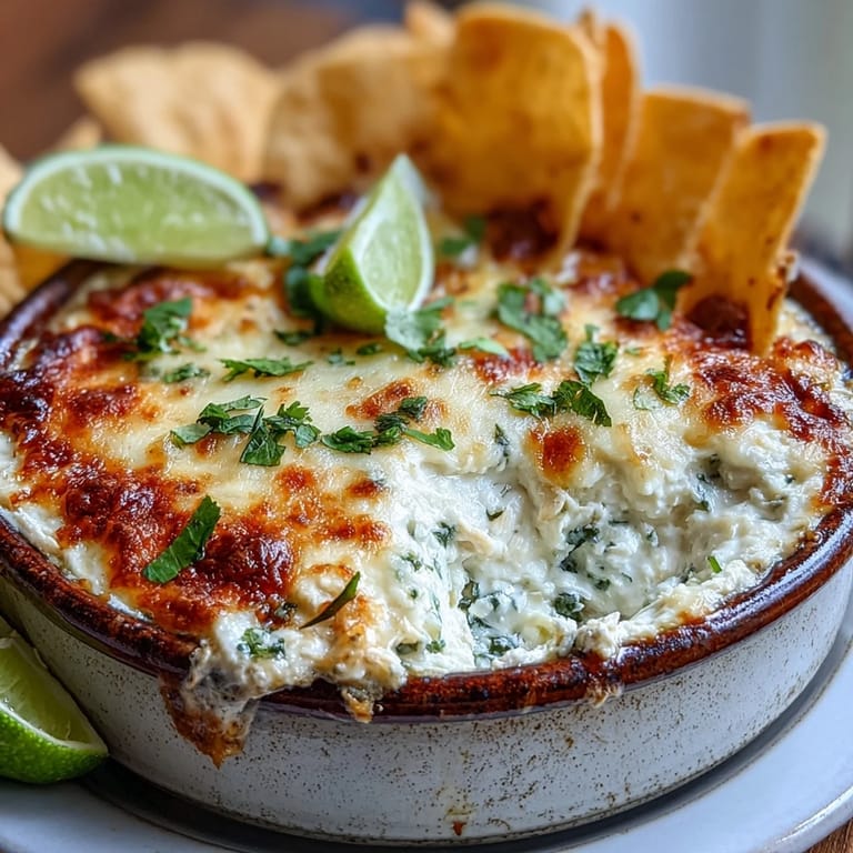 A close-up view of a warm, golden Cilantro and Lime Chicken appetizer, showing creamy texture with shredded chicken and herbs, ready to be scooped up with tortilla chips.