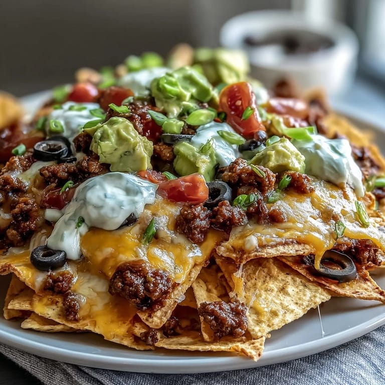 Golden, bubbly cheese covers warm tortilla chips piled high with beef, onions, and peppers, served with sour cream and salsa for dipping.