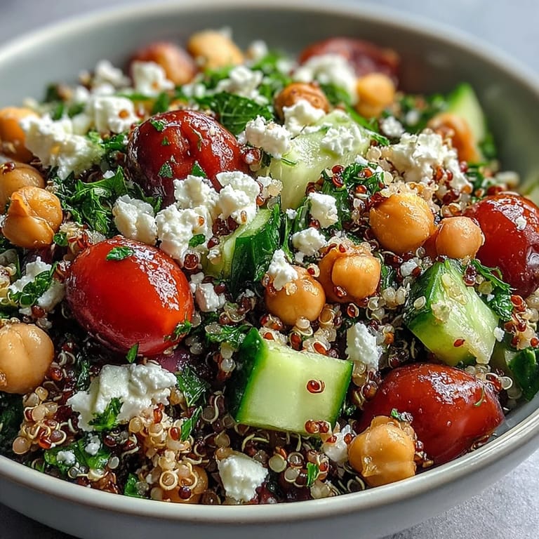 A vibrant High Protein Quinoa & Chickpea Salad ready for a nutritious lunch or potluck.