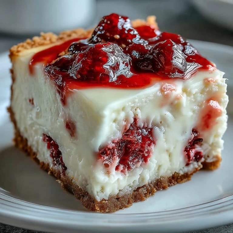 A rich slice of Indulgent White Chocolate Raspberry Cheesecake Bliss with a buttery graham cracker crust, ready to be served with fresh berries.