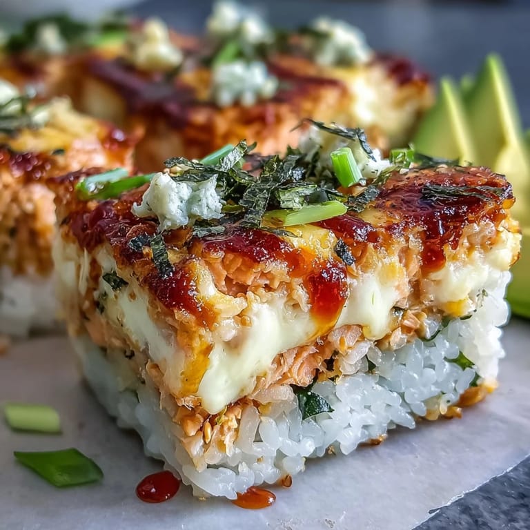 Close-up of a delicious Spicy Salmon Sushi Bake scoop topped with green onions, sesame seeds, and a drizzle of mayo.