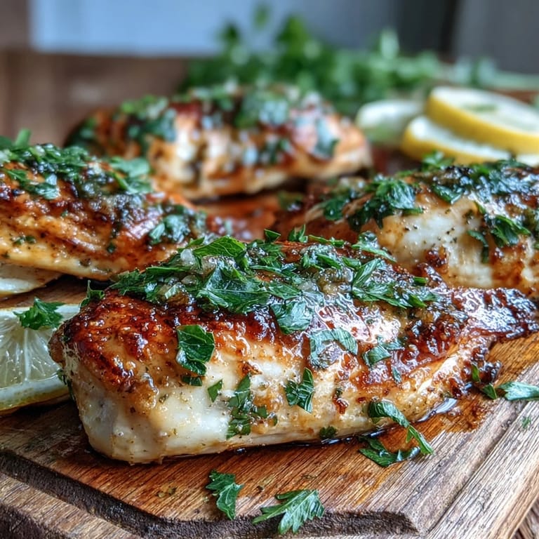Oven Baked Chicken Breast with a savory spice rub, garnished with fresh parsley and lemon wedges.
