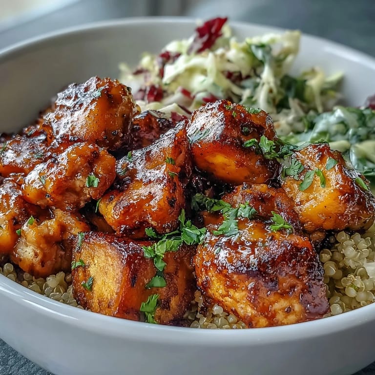 A vibrant Hot Honey Chicken Bowl with crunchy red cabbage slaw and a drizzle of spicy, sweet mustard dressing.