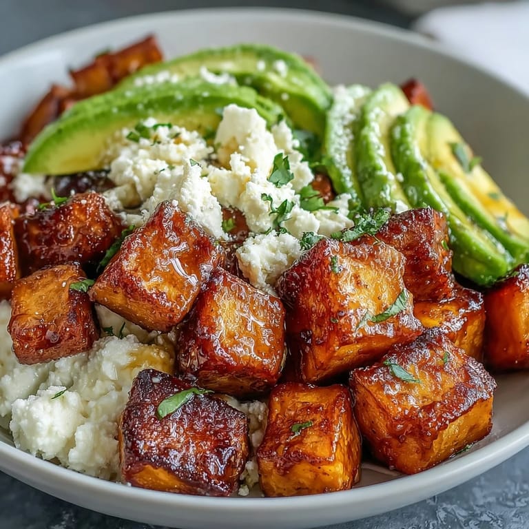 A finished Hot Honey Sweet Potato Bowl garnished with cilantro and pumpkin seeds, served for lunch.