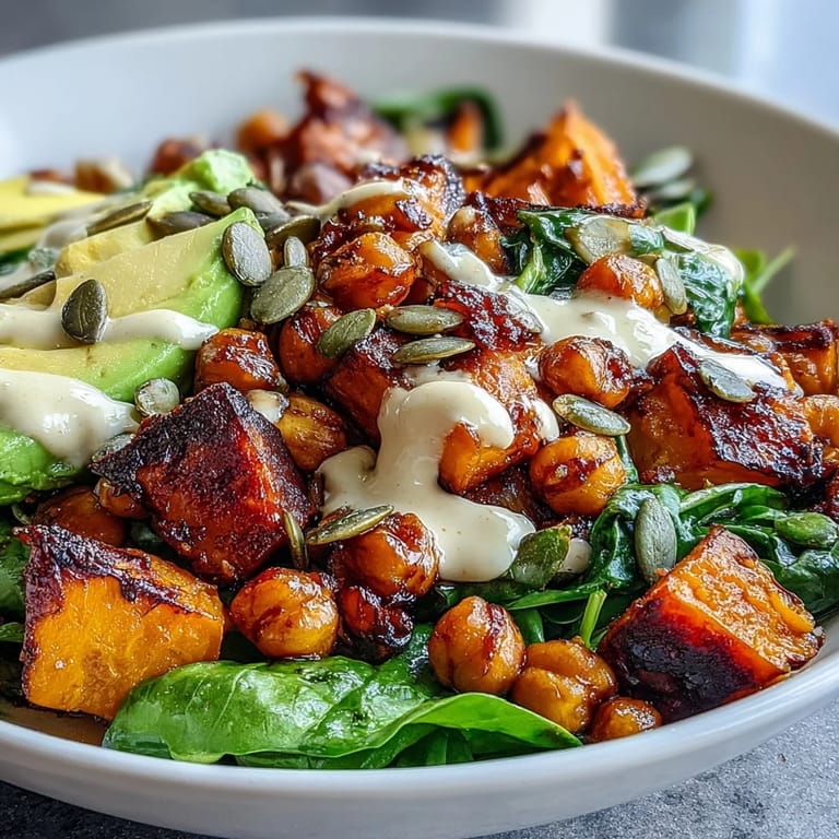 A close-up of the Roasted Sweet Potato and Chickpea Bowl highlighting crispy chickpeas, garlicky spinach, and a generous drizzle of smoky chipotle tahini.