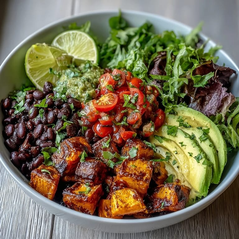Sweet Potato and Black Bean Bowl with sliced avocado, lime wedges, and fresh salsa, drizzled with zesty dressing on a rustic table.